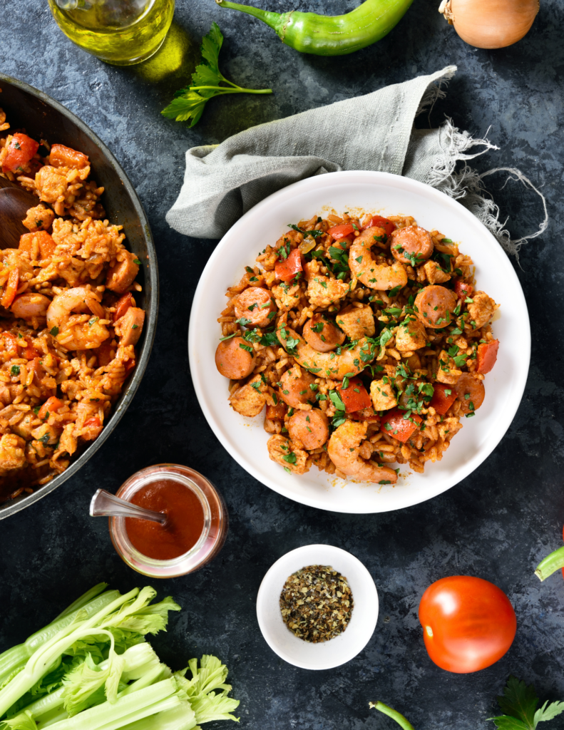 This is an image of one bowl of jambalaya.