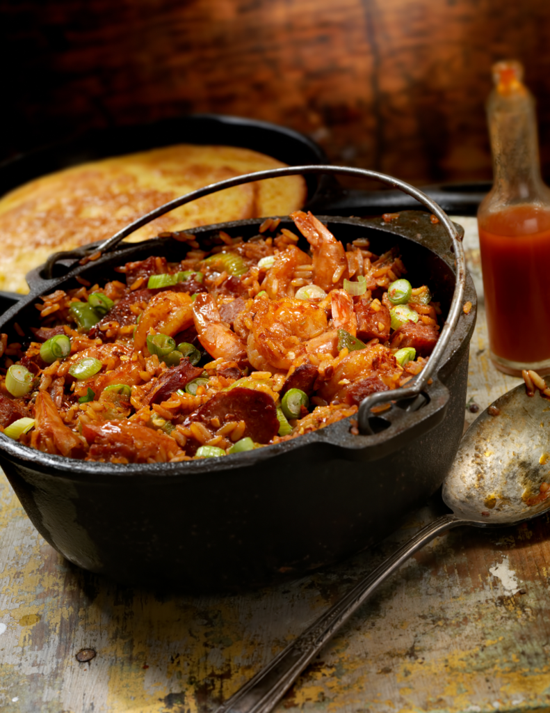 This is a picture of jambalaya in a cast iron dutch oven.