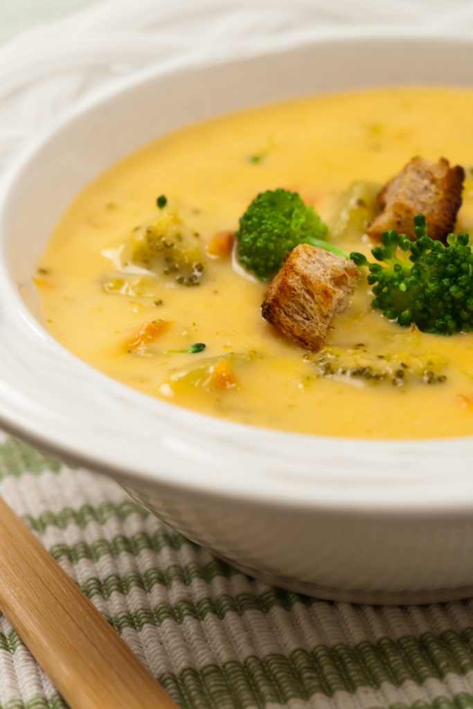 This is a bowl of soup that I cook for my teen sons in the fall and winter. It is broccoli cheddar.soup